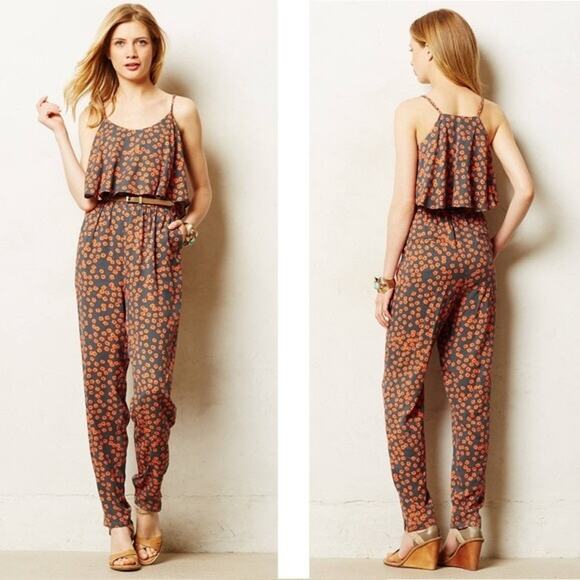 Anthropologie Lilka Jumpsuit Ditzy Floral Print Flouncy Gray Orange Size S - Picture 1 of 13